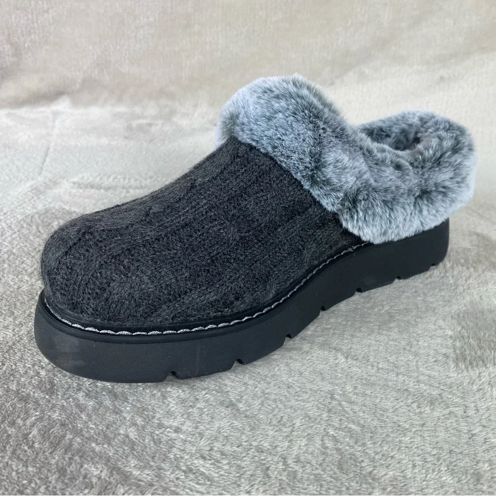 BOBS from Skechers Keepsakes Clogs Womens Size 8 Gray Fur Cable Knit Slipper NEW - Picture 4 of 9